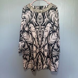 Sheridan French Blair Black Cream Parrot Long Sleeve Dress Large